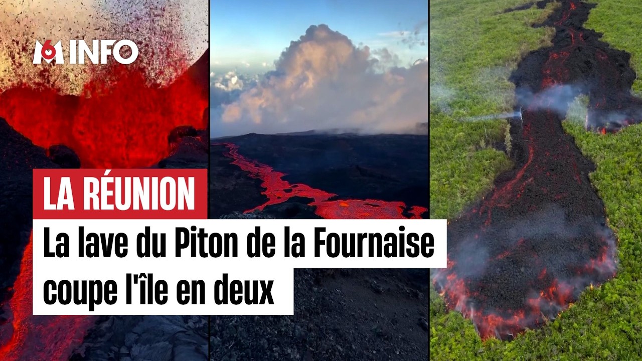Le Piton de la Fournaise, volcan de La Réunion en éruption coupe l'île en deux
