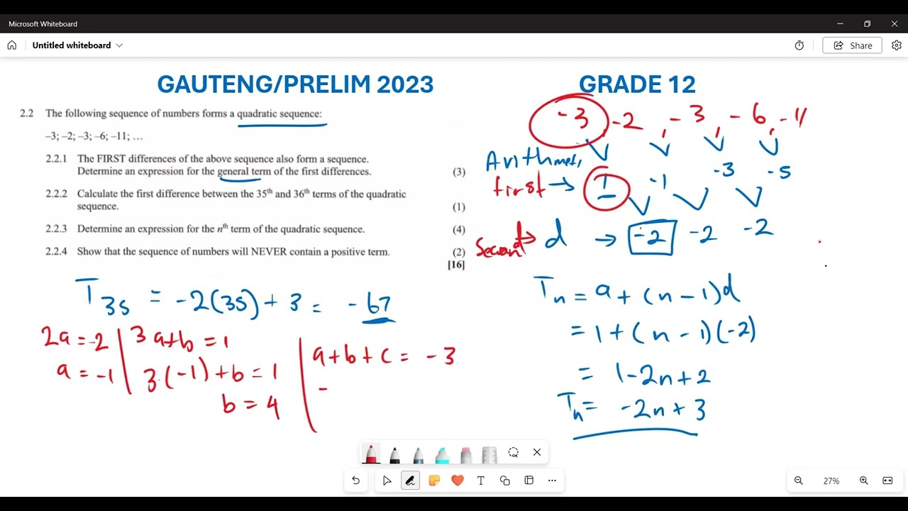 GRADE 12 QUADRATIC SEQUENCE |GAUTENG PRELIM 2023| EXAM QUESTION