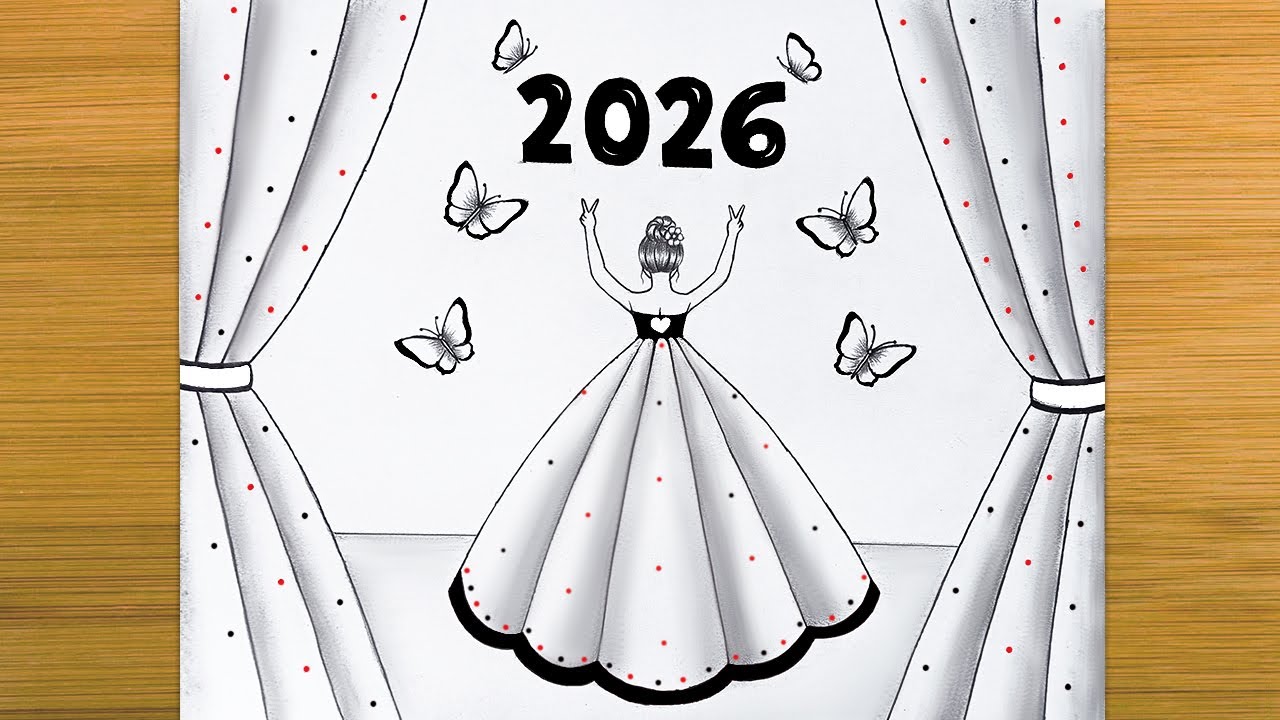 Happy New Year drawing 2026 | New Year girl drawing easy | New year drawing | Easy 2026 drawing
