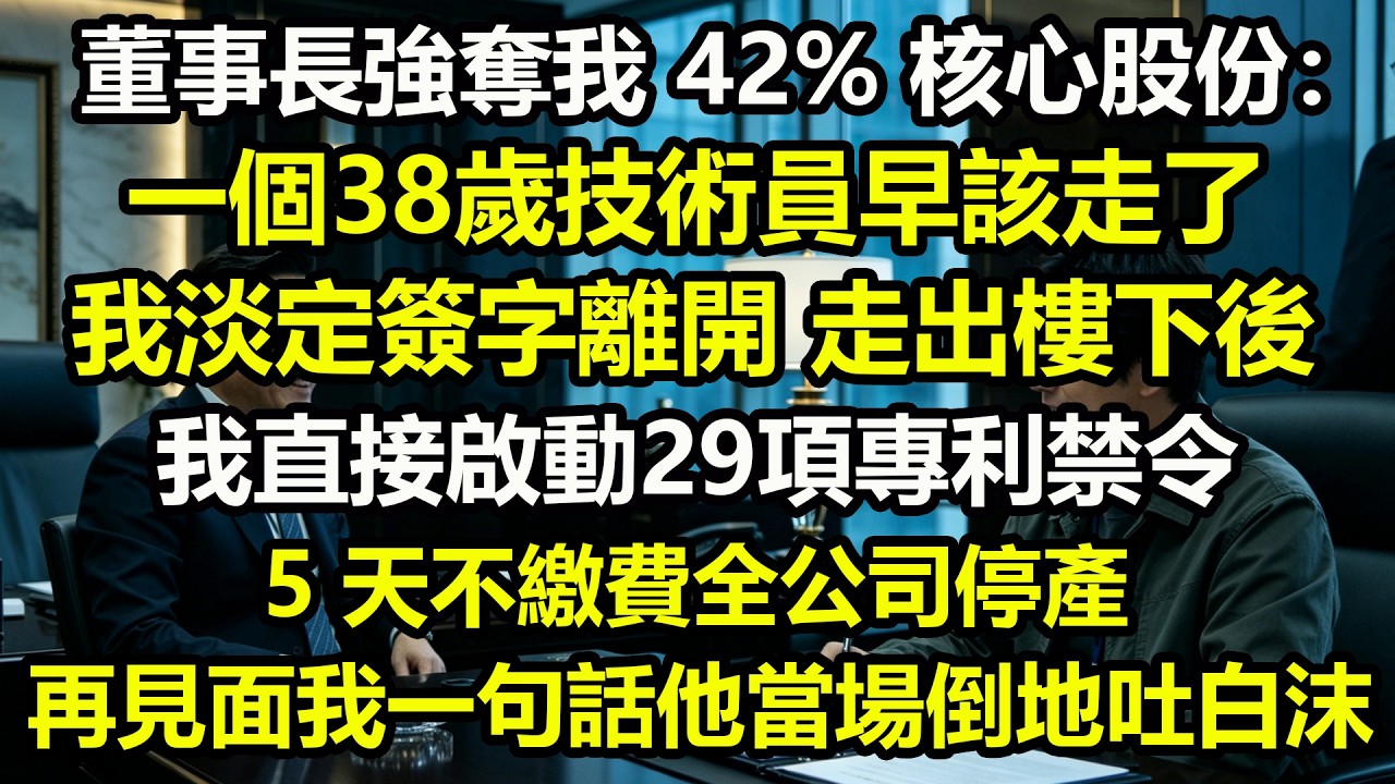 董事長強奪我 42% 核心股份：一個38歲技術員早該走了。我淡定簽字離開。走出樓下後，我直接啟動 29 項專利禁令，5 天不繳費全公司停產。再見面我一句話他當場倒地吐白沫