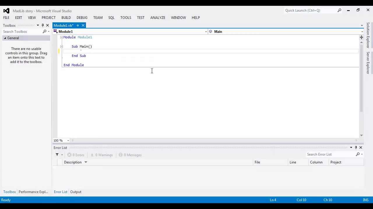 Visual Studio 2012 MadLib story Variables intro