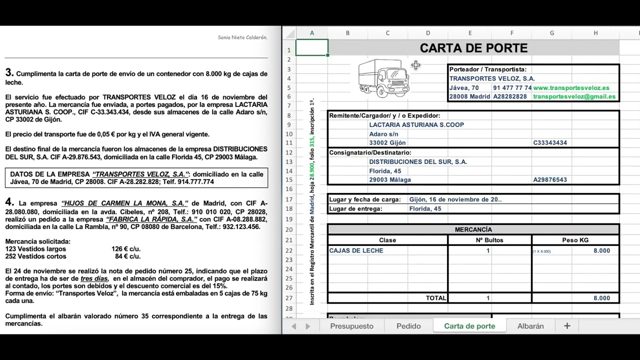 Modelo de presupuesto, pedido, carta de porte y albarán
