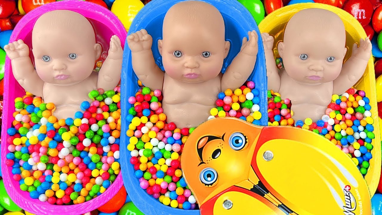 Full of 3 Rainbow BathTubs Candy with M&M's & Magic Slime Cutting Video