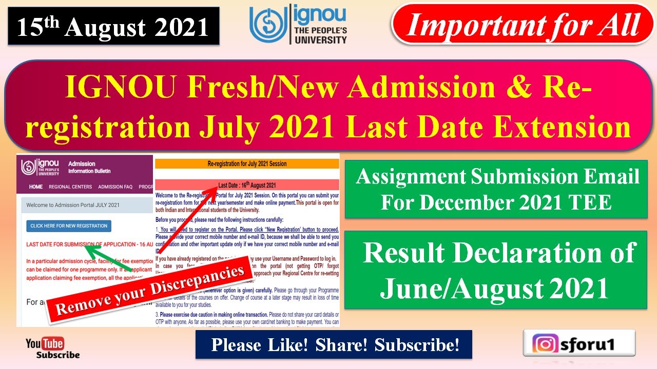 IGNOU Fresh/New Admission & Re-registration Last Date Extension 2021 || June 2021 Result Declaration