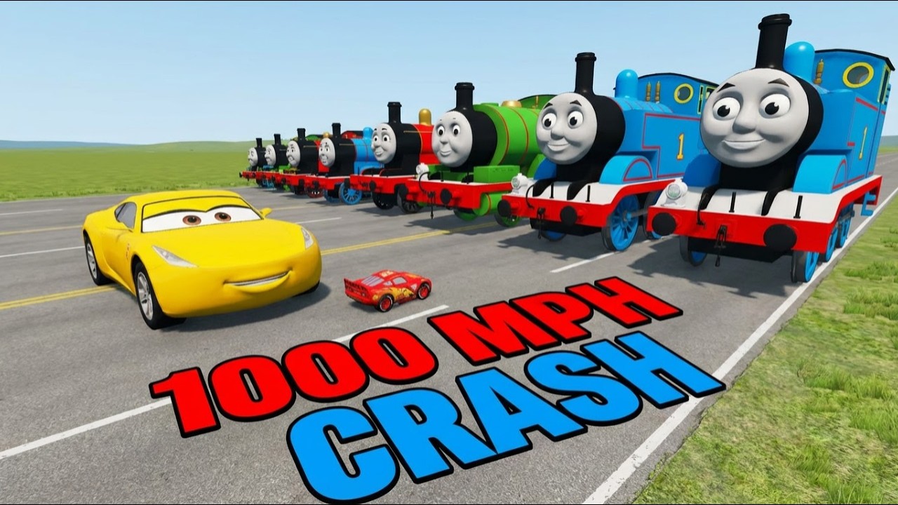 Big & Small McQueen vs 10 Giant Trains – 0–1000 MPH Crash Test | BeamNG.drive