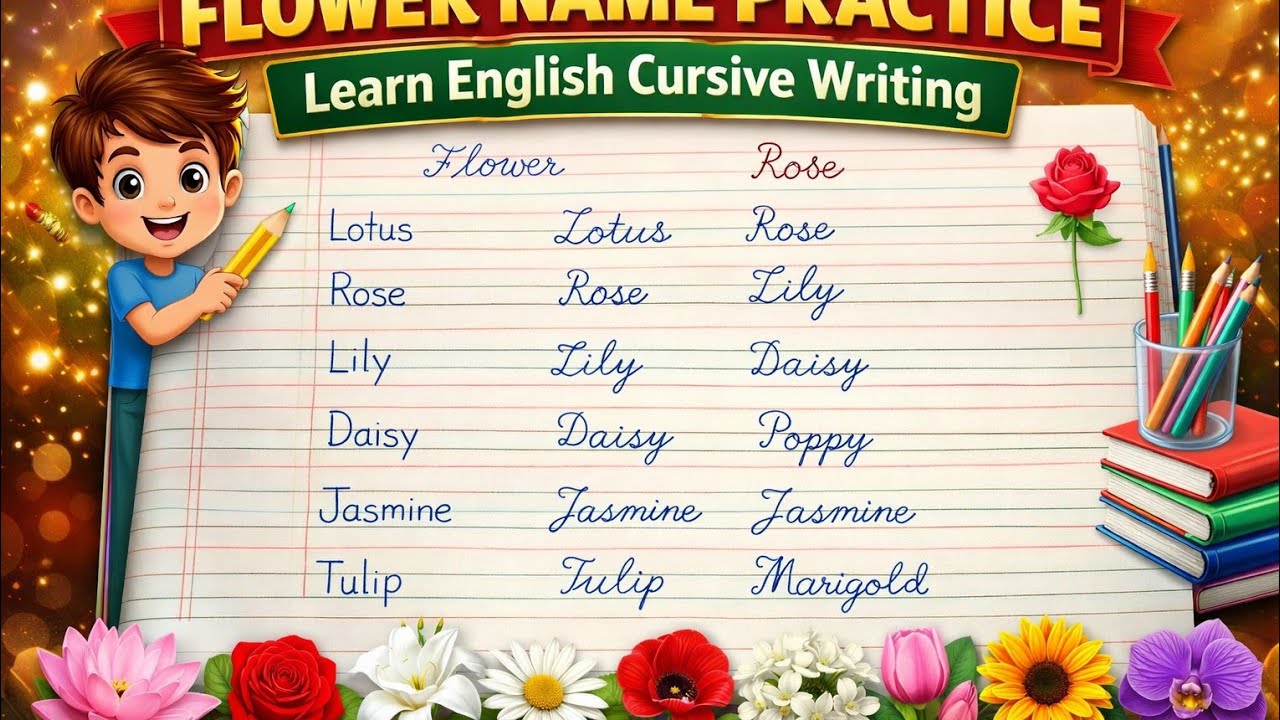Flower Names in English Cursive Writing ✍️ | Learn Beautiful Handwriting for Kids