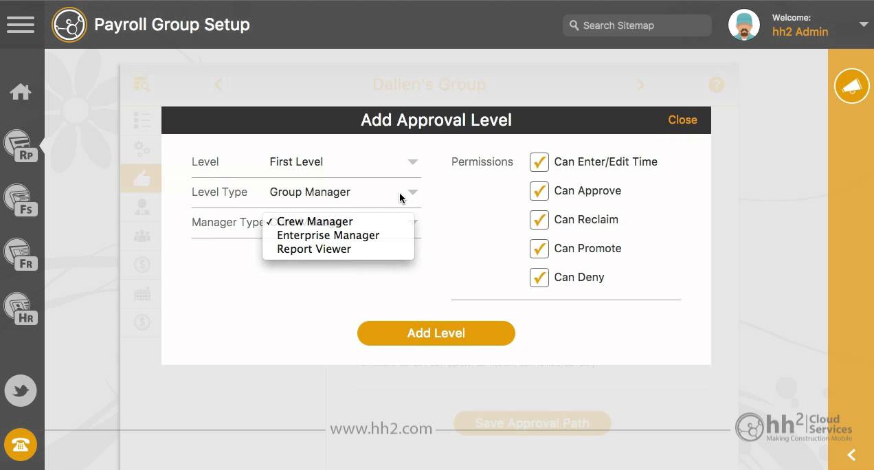 hh2 Remote Payroll:  Approval Level Types