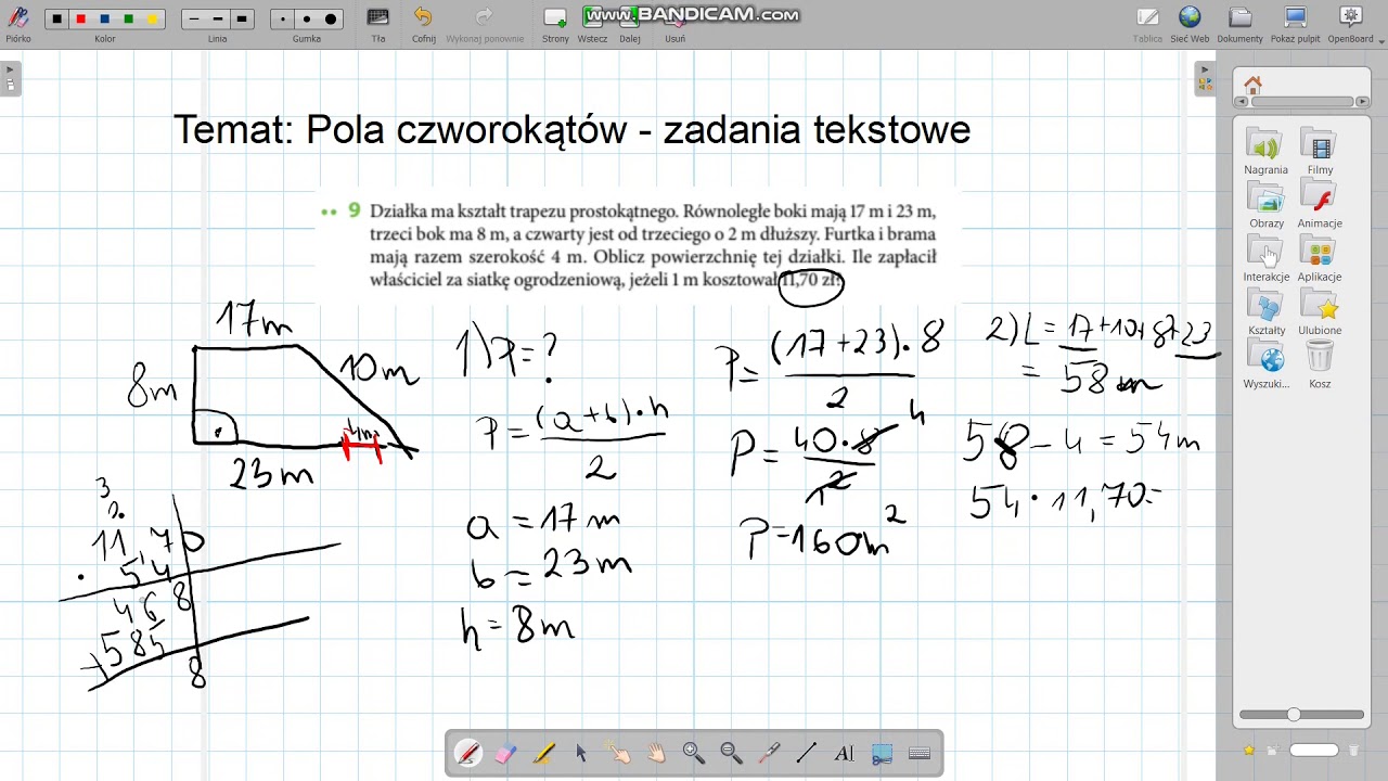 Klasa VI - Pola czworokątów - zadania tekstowe