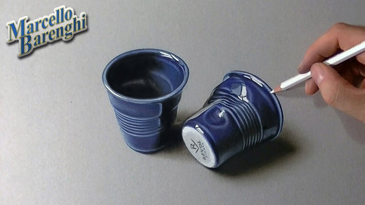 Drawing time lapse: violet pottery coffee cups - hyperrealistic art