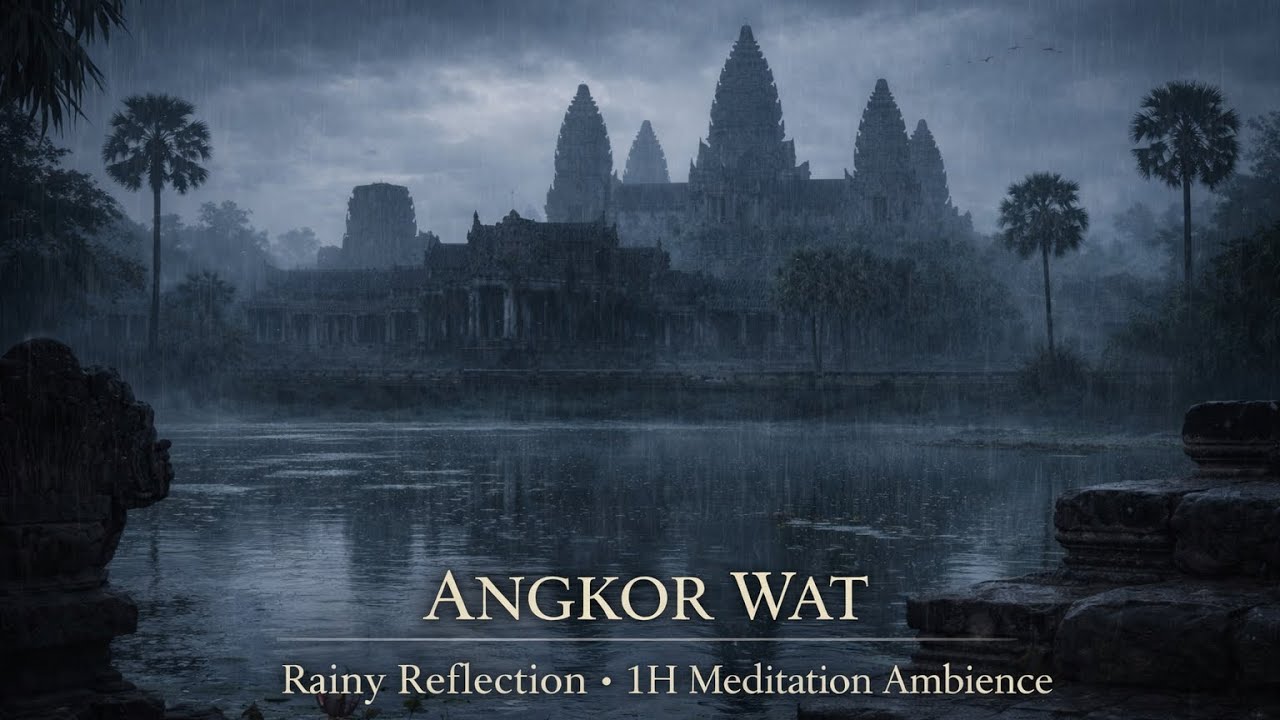 Angkor Wat Temple Ambience (Rain) – 1 Hour | Free Background Music for Creators