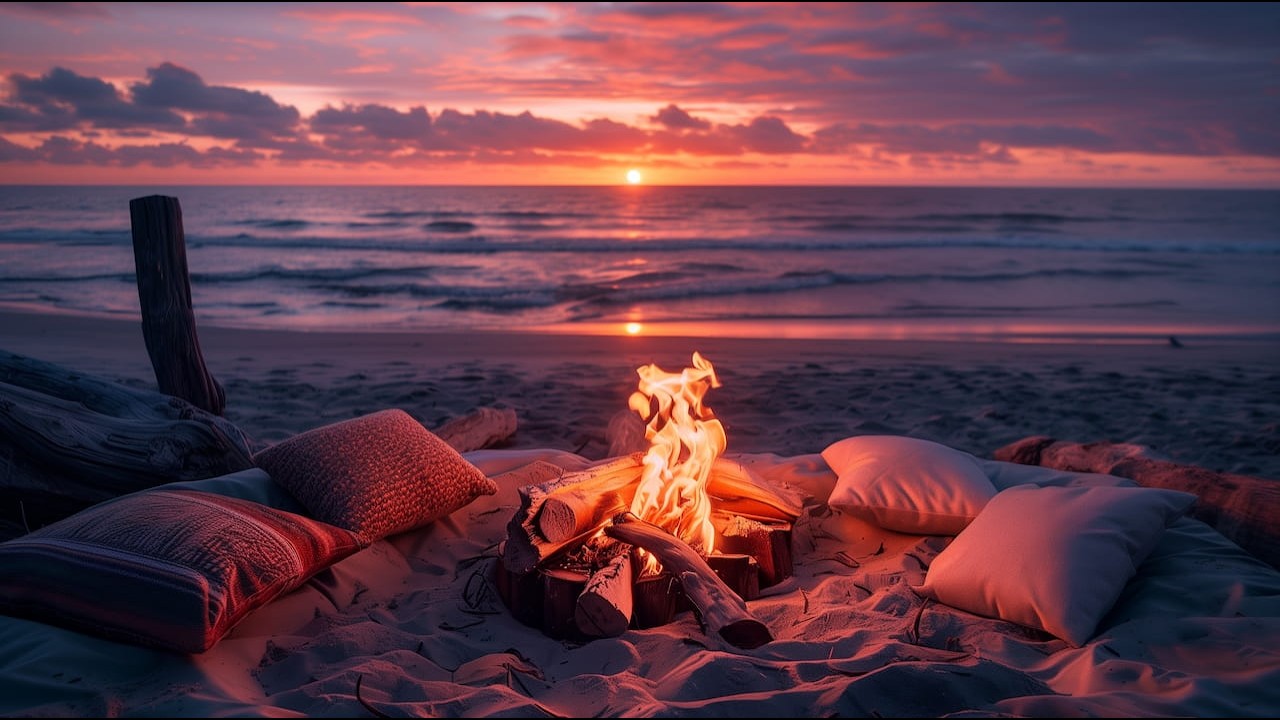 8 Hour Golden Hour Escape | Beach Waves, Crackling Fire & Deep Rest