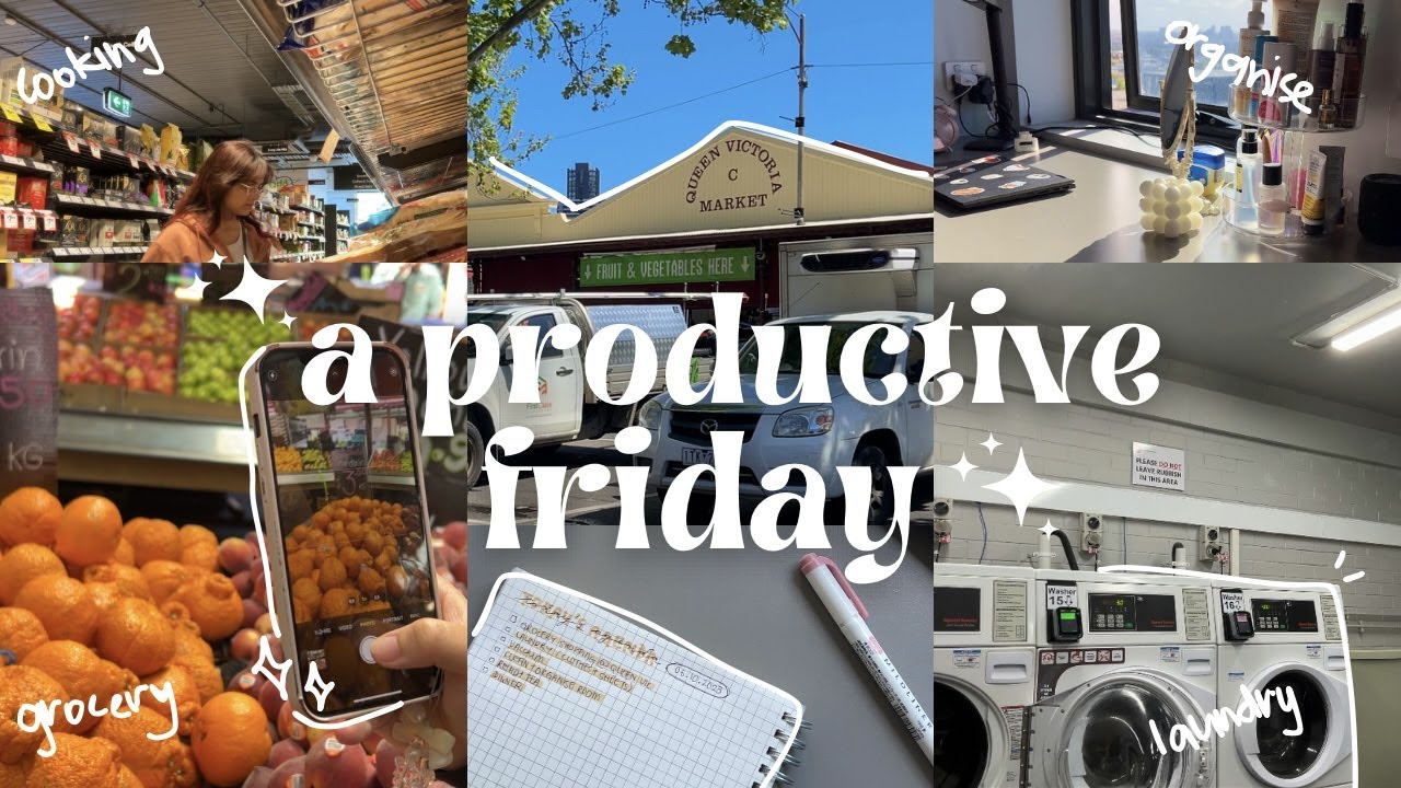 a productive friday ♡ | grocery at queen vic, laundry, cleaning, desk organisation and cooking