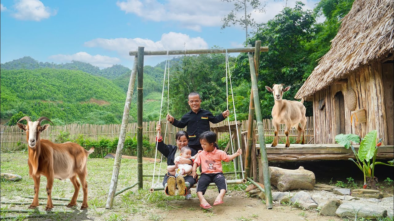 Dwarf Family Primitive Life: Building a Goat Shelter and Crafting a Bamboo Swing.