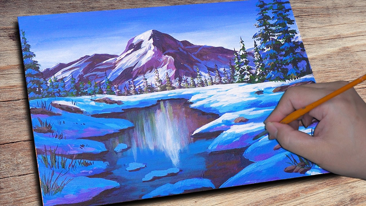 Snowy lake scenery painting | Acrylic Painting