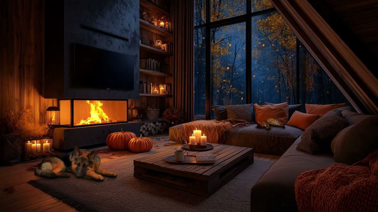 Rainy Autumn Night with Crackling Fireplace | Cozy Living Room, Pumpkins, Cat & Dog