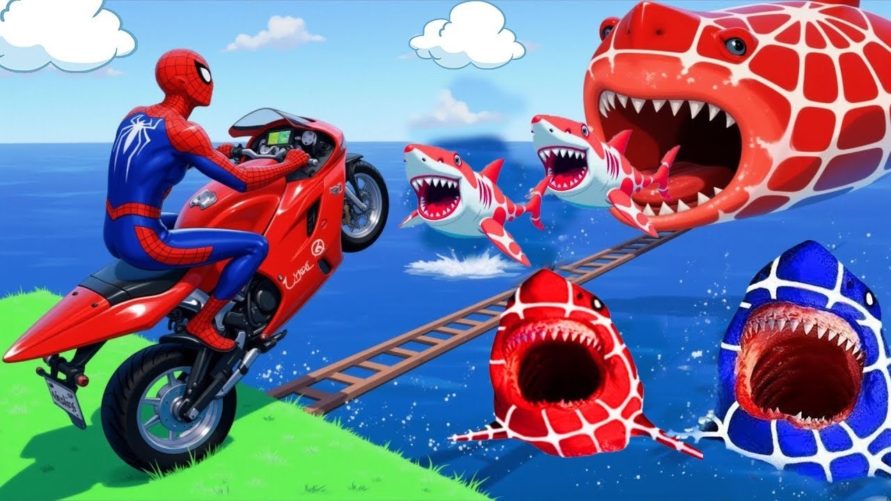 الأبطال الخارقين على القضبان دوامة قمع جسر SPIDER MAN! 🏍️on Motorcycle in Spiral Bridge Stunt