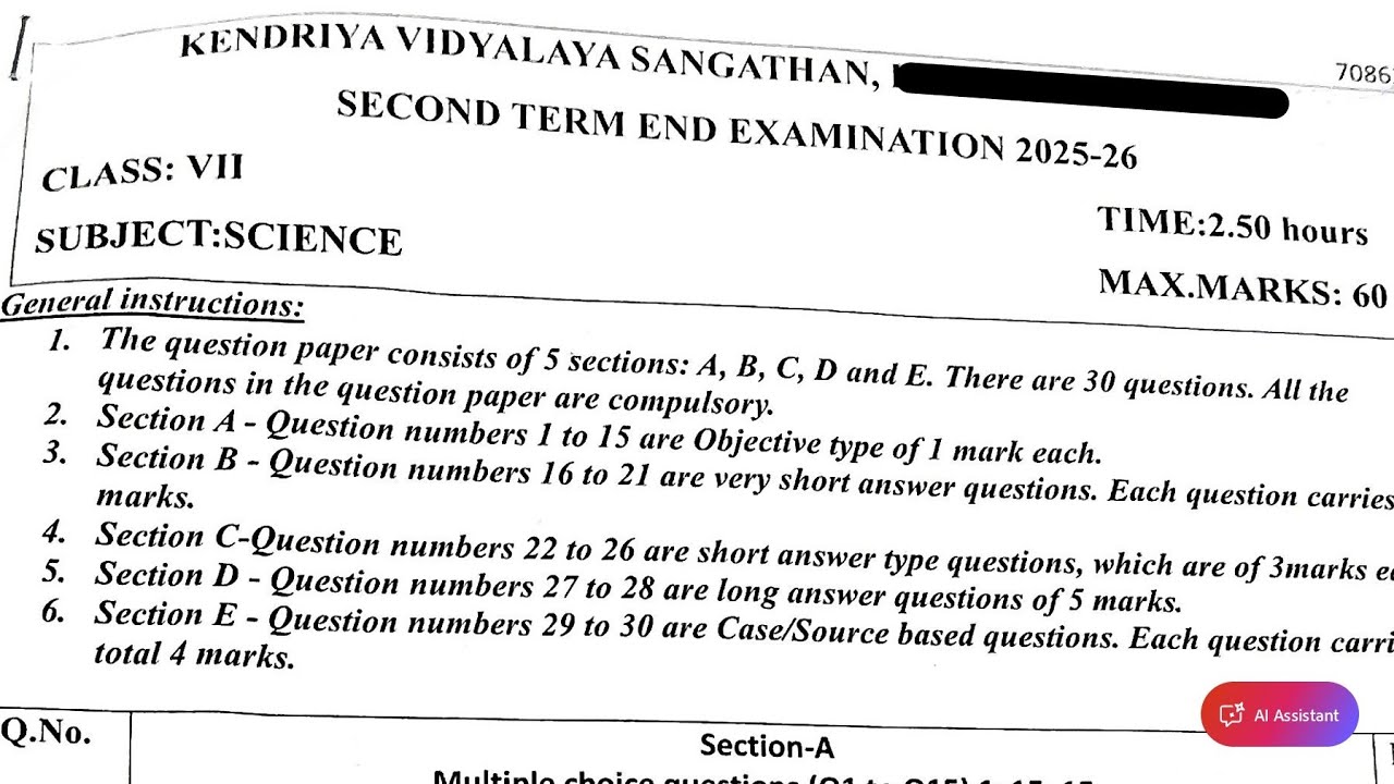 Class-7 Science (Real Paper) Annual Exam 2026 Question Paper Session Ending PM SHRI KV Term2