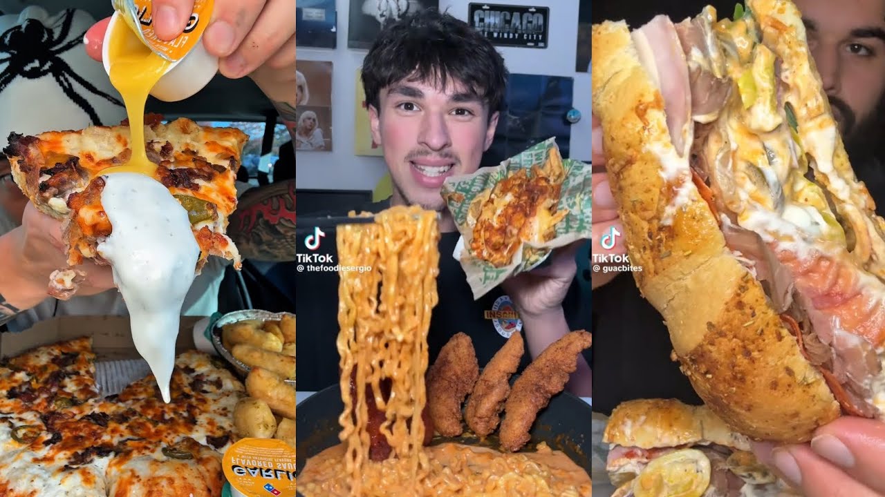 TIKTOK MUKBANG COMPILATION CHEESY PIZZA SUBWAY SANDWICH WINGSTOP AND BULDAK RAMEN 