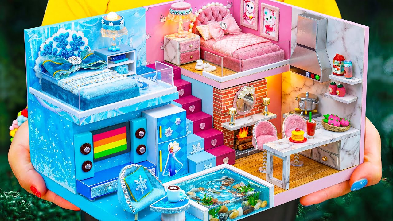 Make Dreamy Ice Frozen & Pink Miniature House with Pool and Cozy Kitchen ❤️ | DIY Miniature House