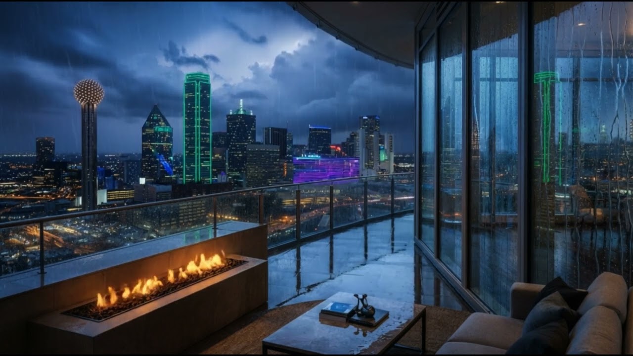 Rainy Night in a Dallas Penthouse 🌧️ Luxury High-Rise Skyline View | 8 Hours Rain Sounds for Sleep