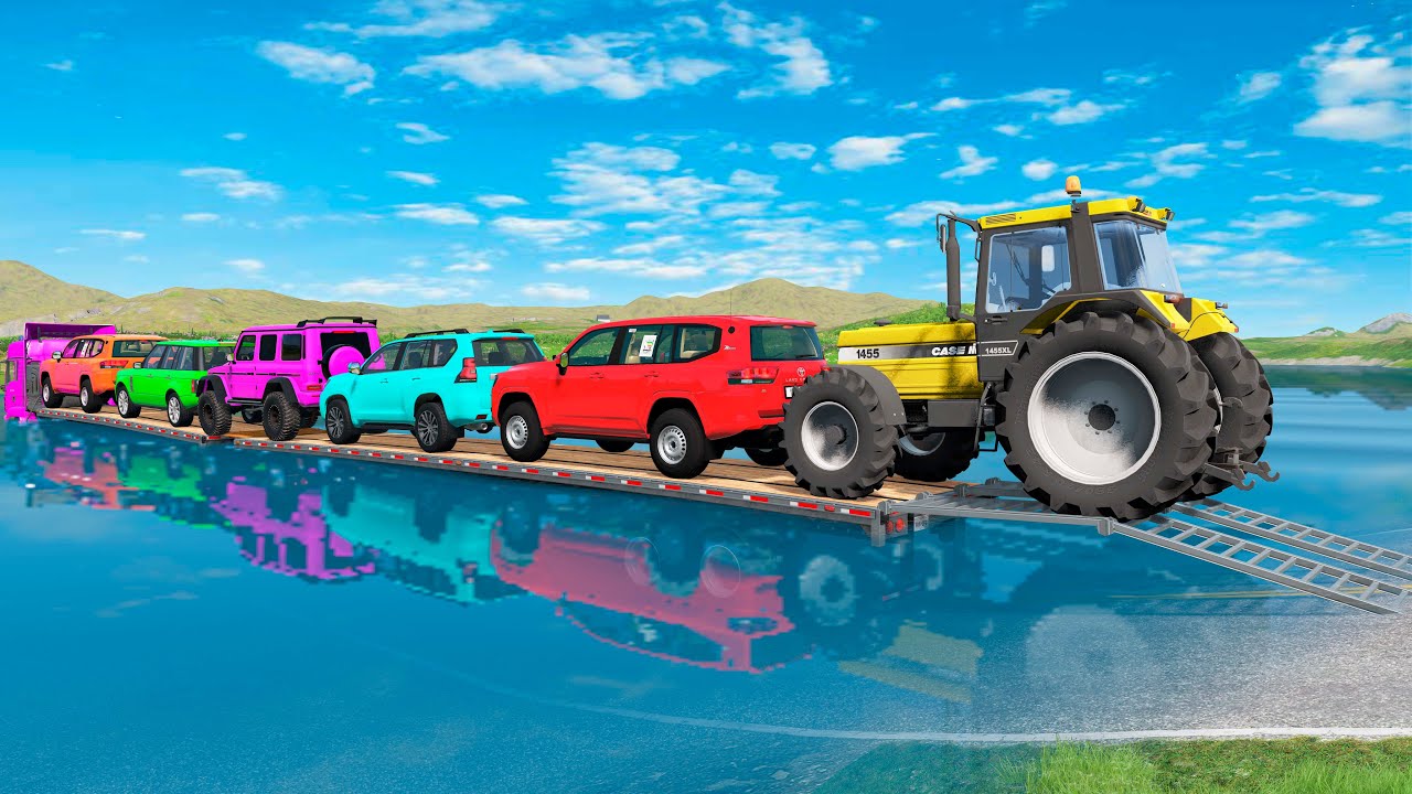 Triple Flatbed Trailer McQueen Transportation with Truck - Speedbumps vs Cars vs Train - BeamNG #2