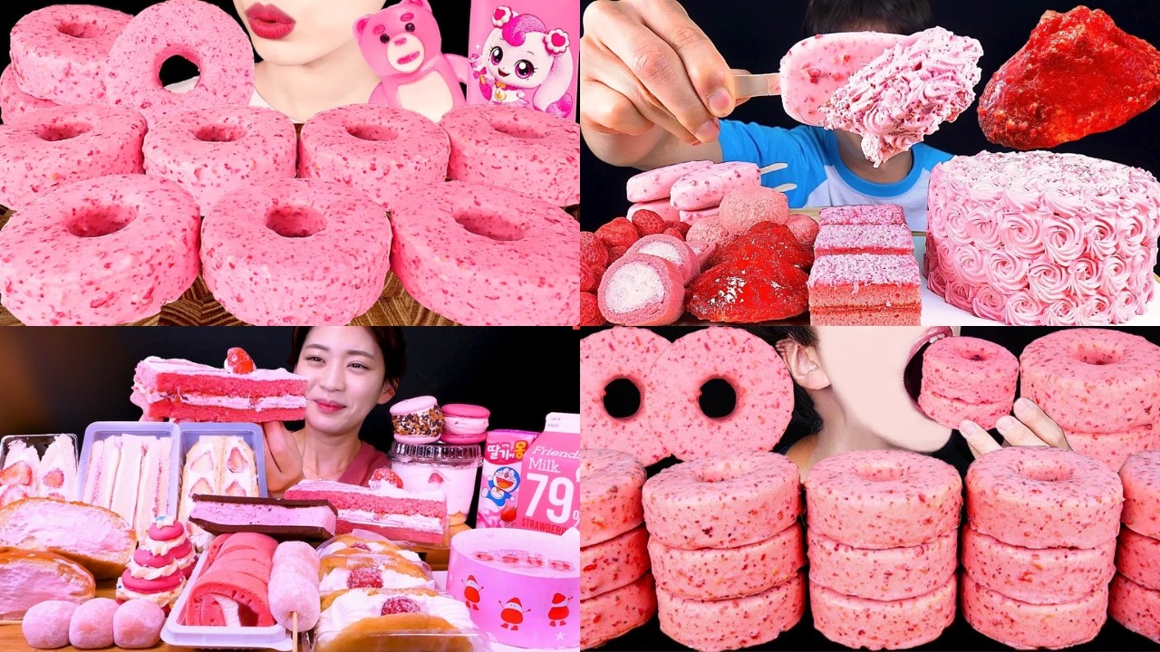🩷STRAWBERRY PINK DESSERT DONUT CAKE MUKBANG 🍓| SWEET CHOCOLATE & ICE CREAM ASMR