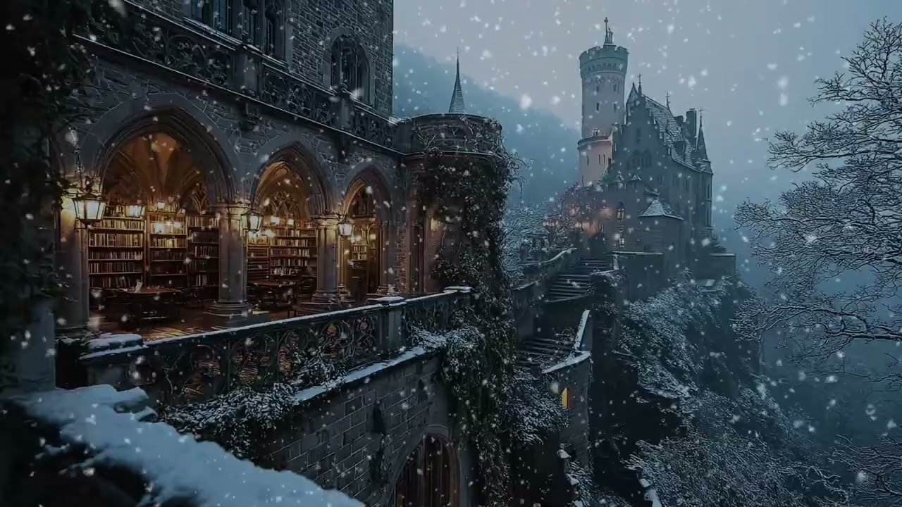Ancient Dark Academia Library in Snowfall ┇ Soft Piano Music for Reading Calm