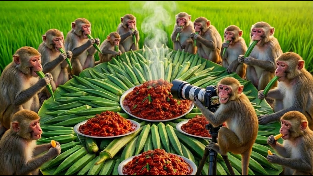 गांव के खेतों से भिंडी तोड़कर बंदरों ने बनाई मसालेदार सब्ज़ी 😲 | Monkeys Cooking Bhindi Masala