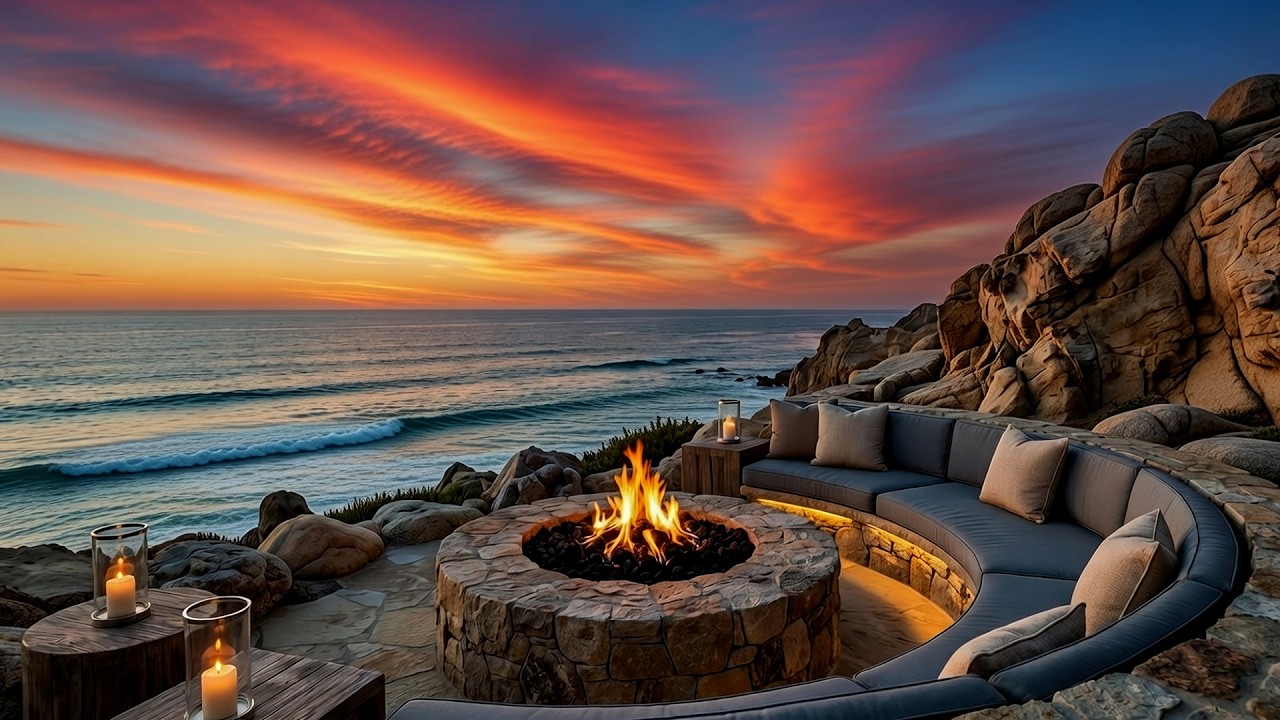 Cozy Stone Terrace by the Sea | Relaxing Ocean Waves & Fireplace Ambience | 1 Hour