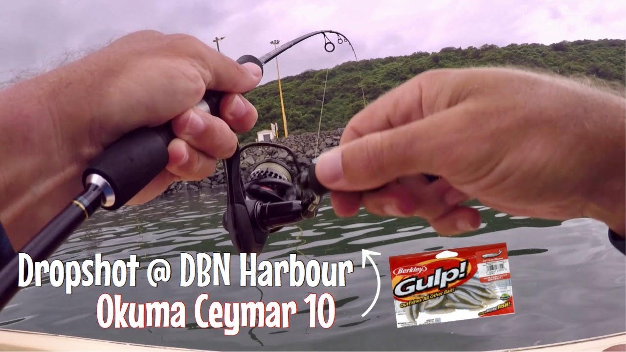 Dropshot fishing at DBN Harbour with Okuma Ceymar 10 and Gulp minnows. KZN, South Africa.