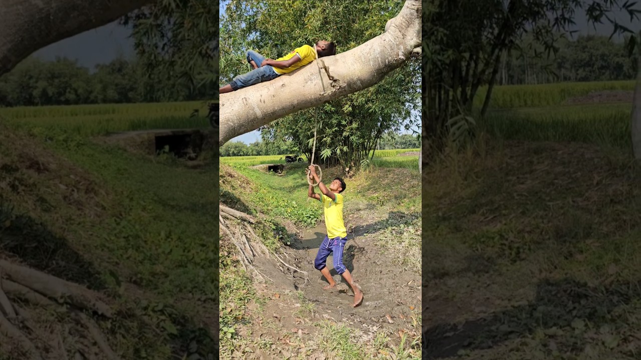 The boy is lying on a tree branch.
