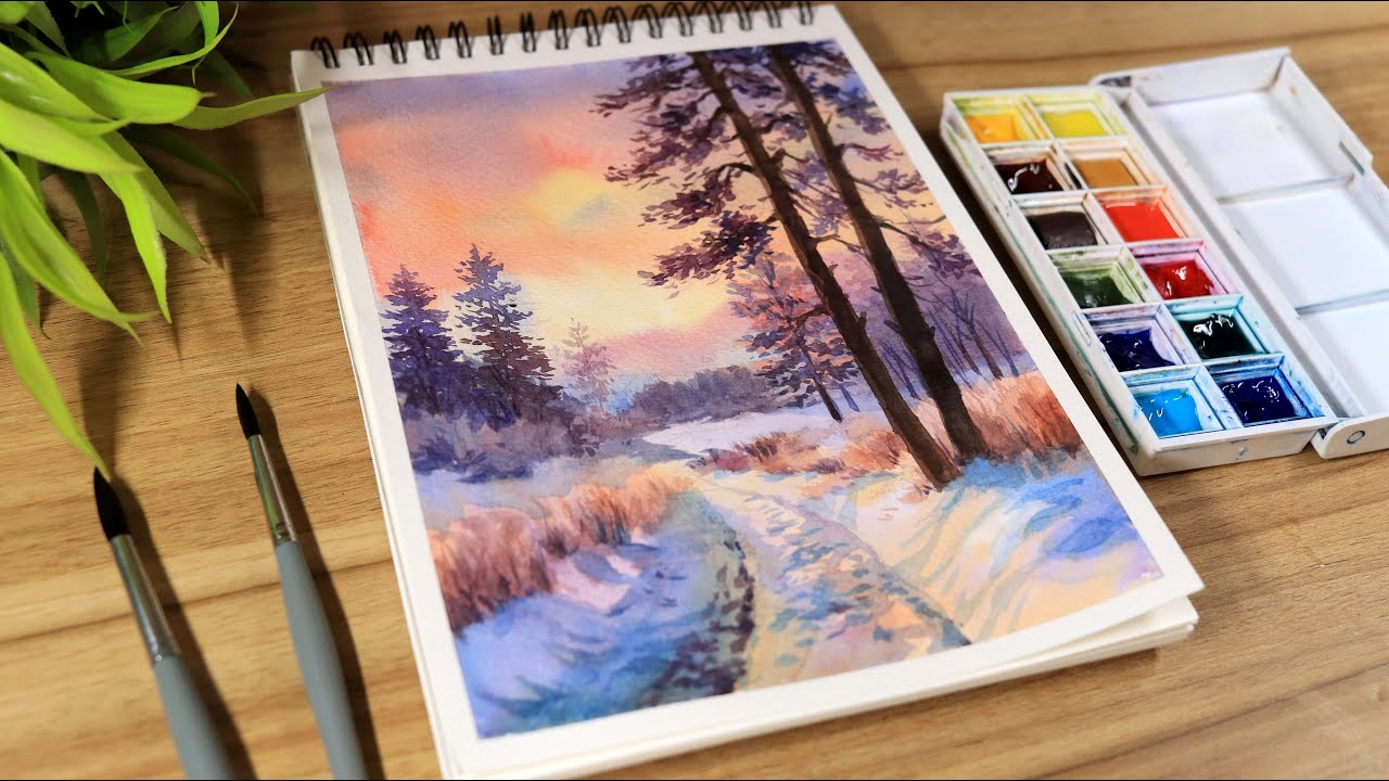 Watercolor Painting Idea Winter Sunset Landscape Step by Step