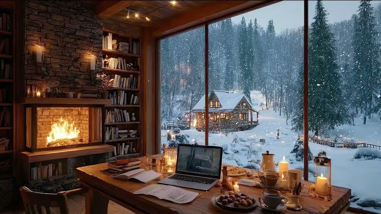 Quiet Winter Café Ambience ❄️ Soft Jazz Piano & Fireplace Sounds for Study, Work & Relax