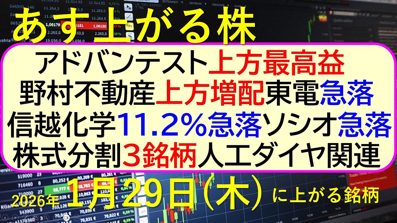 アドバンテスト上方最高益。野村不動産上方増配。東電急落。信越化学11.2%急落。人工ダイヤ関連～あす上がる株　2026年１月２９日（木）に上がる銘柄。～最新の日本株情報。高配当株の株価やデイトレ情報～