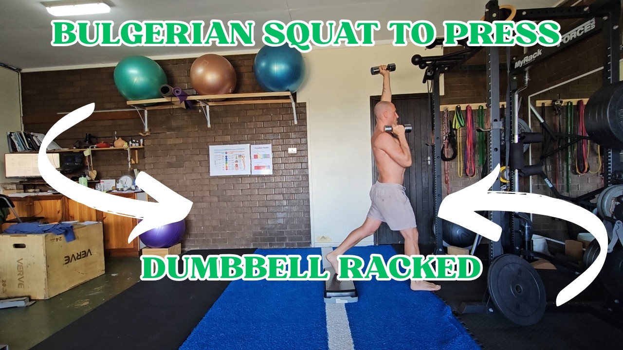 Bulgerian squat to press Dumbbell racked.