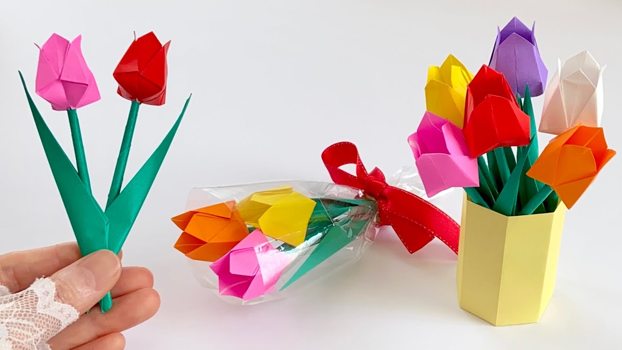 【折り紙】ミニチューリップ、花入れの作り方とラッピング例／[Origami] How to make a small tulip ,Vase, and examples of wrapping