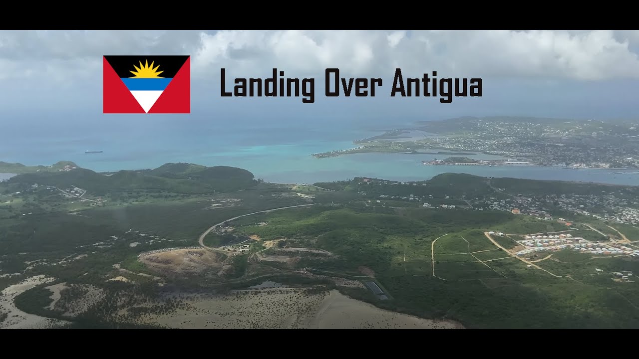 Airbus A321 landing at V. C. Bird International Airport in Antigua with aerial view over St. John