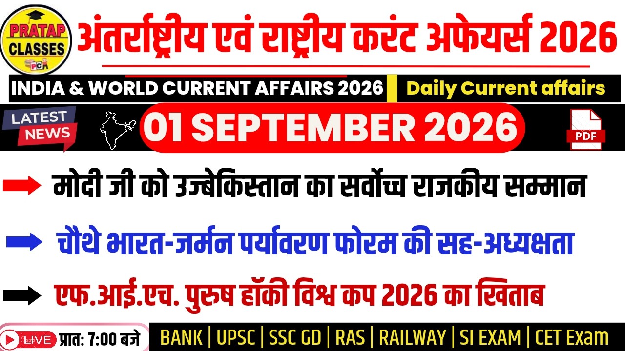01 SEPTEMBER 2026 India & World Current Affairs in Hindi | Rpsc, Upsc ,SI, CET, RAS, RAILWAY, SSC