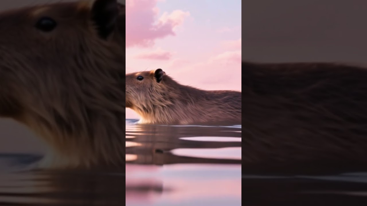 Capybara swimming through a pastel pink skywith soft clouds and glowing reflections#short#video#vira