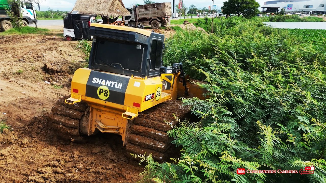 Perfectly Strong Shantui DH17c3 Dozer spreading Soil,12 wheel dump trucks dumping soil building road