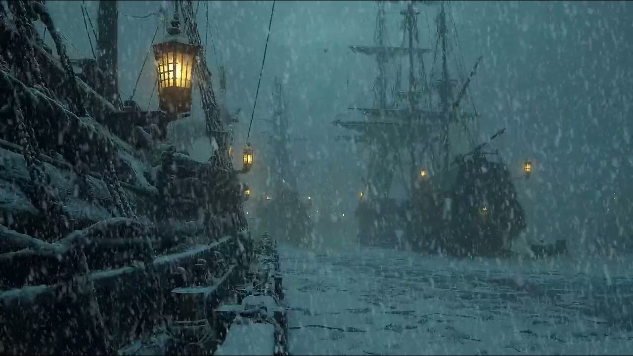 Frozen Harbor ❄️ Snowstorm Over Abandoned Ships | Howling Wind & Creaking Masts