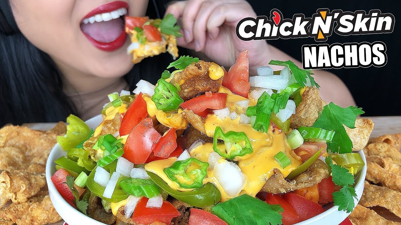 ASMR LOADED CHEESY NACHOS with CHICKEN SKIN (Eating Sounds) | Chick N' Skin | No Talking ASMR Phan