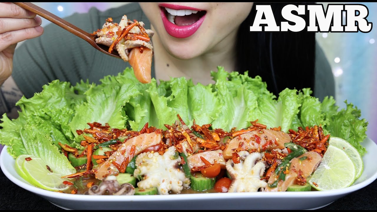 ASMR SEAFOOD THAI SALAD *BABY OCTOPUS + SALMON SASHIMI (CRUNCHY EATING SOUNDS) NO TALKING | SAS-ASMR