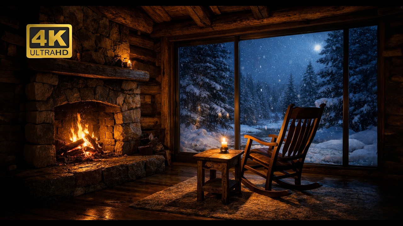 4K Уютная Горная Хижина — Атмосфера ❄️🔥 Снегопад и Камин для Сна, Расслабления и Глубокого Покоя