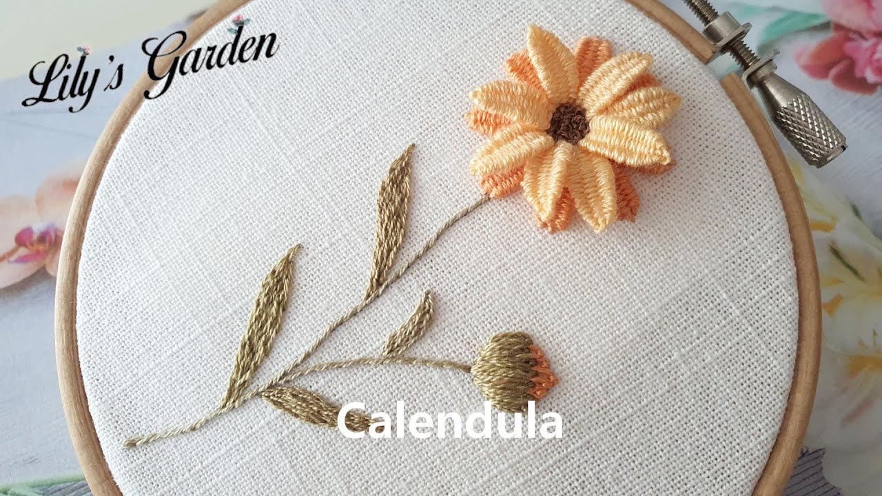 나홀로 프랑스자수 no. 58 금잔화(Carendula) Flower embroidery, 입체자수, 레이즈드 리프 스티치, 위빙 스티치