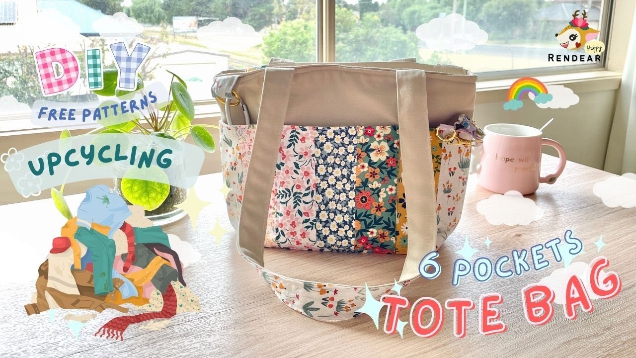 DIY Upcycling 6 pockets tote bag (Long strap) with 2 D rings tutorial [HappyRendear]