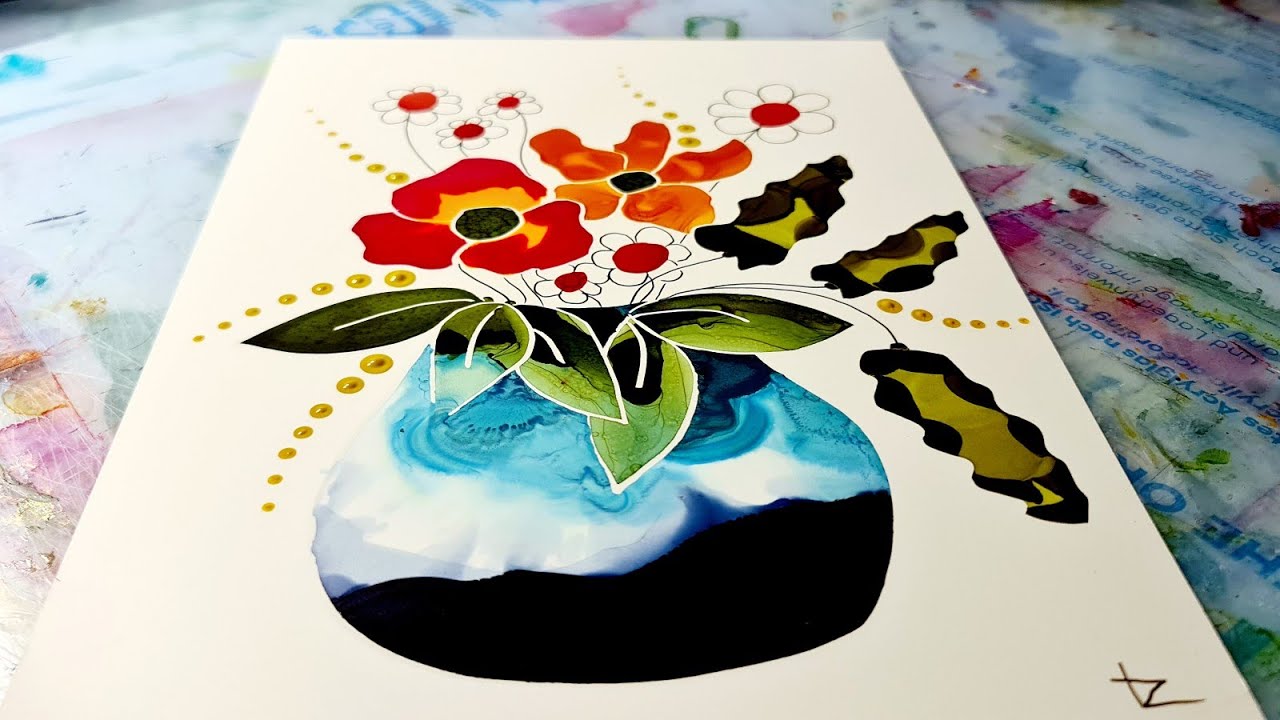 Daily Challenge Myself  [241 ] Alcohol Ink Abstract Pot Painting with Easy Posca Pencil Masking