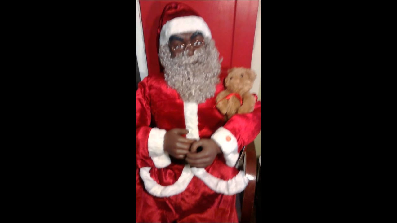 African American Sitting Standing Singing Storytelling Black Sant Claus holding Bear
