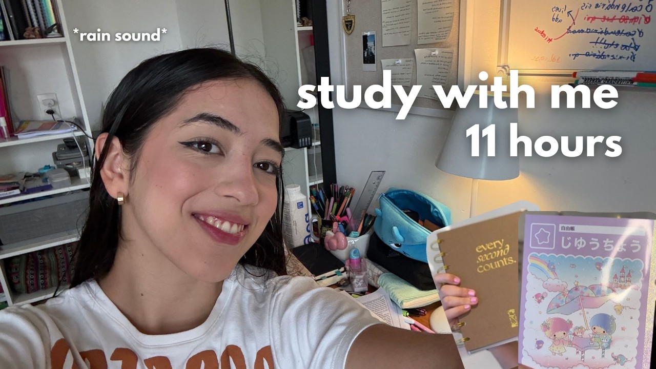 study with me I 11h hours of focus I pomodoro 50/10 I rain soundI real time