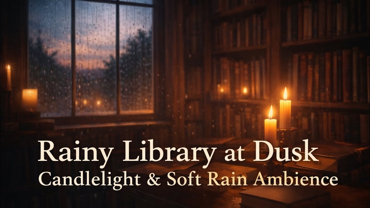 Rainy Library at Dusk – Candlelight & Soft Rain Ambience